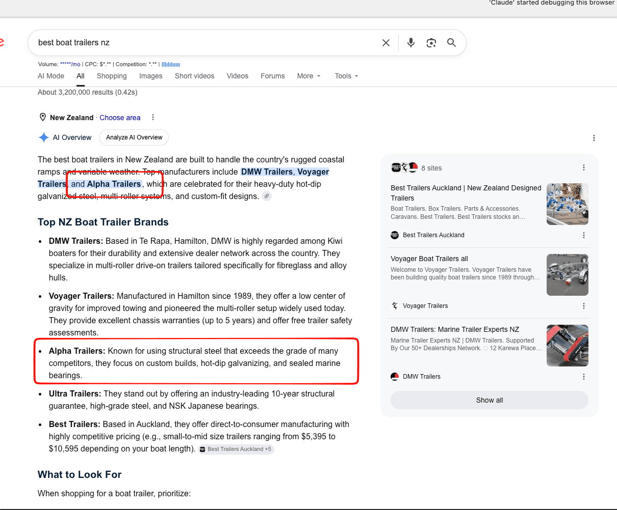 Alpha Trailers appearing in Google AI Overview after website redesign
