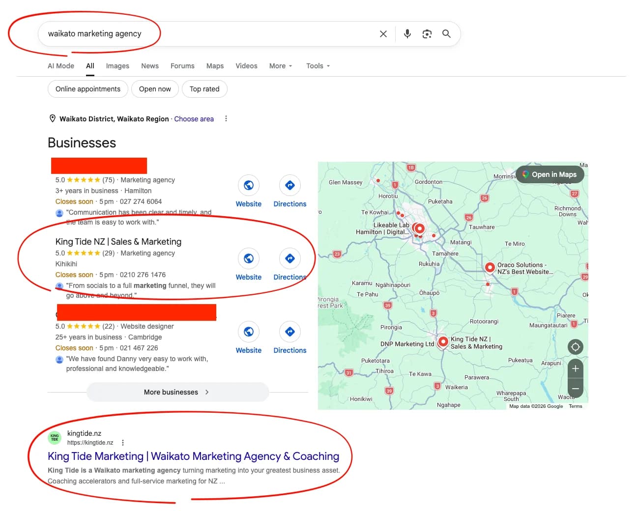 Google search results for 'waikato marketing agency' showing King Tide as the #1 organic result