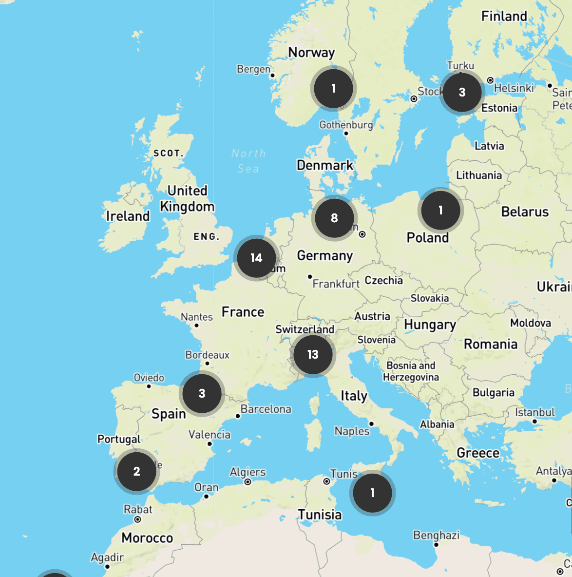 PPC Foiling dealer map of Europe - clusters of dealers won through structured cold outreach
