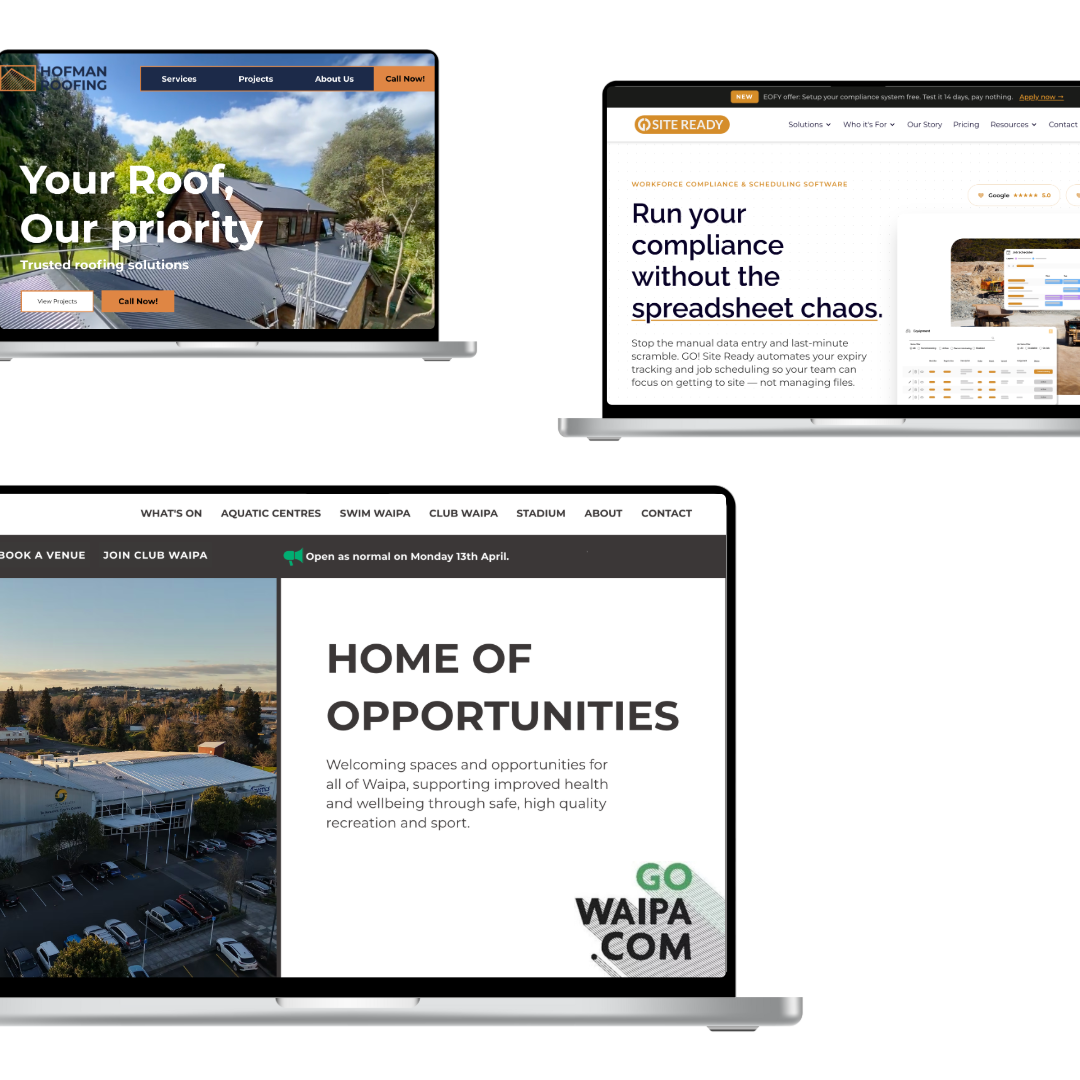 Custom websites built by King Tide for NZ businesses shown across laptops